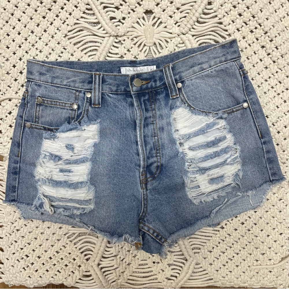 MINKPINK High Waisted Distressed Senim Cut Off Shorts Size L